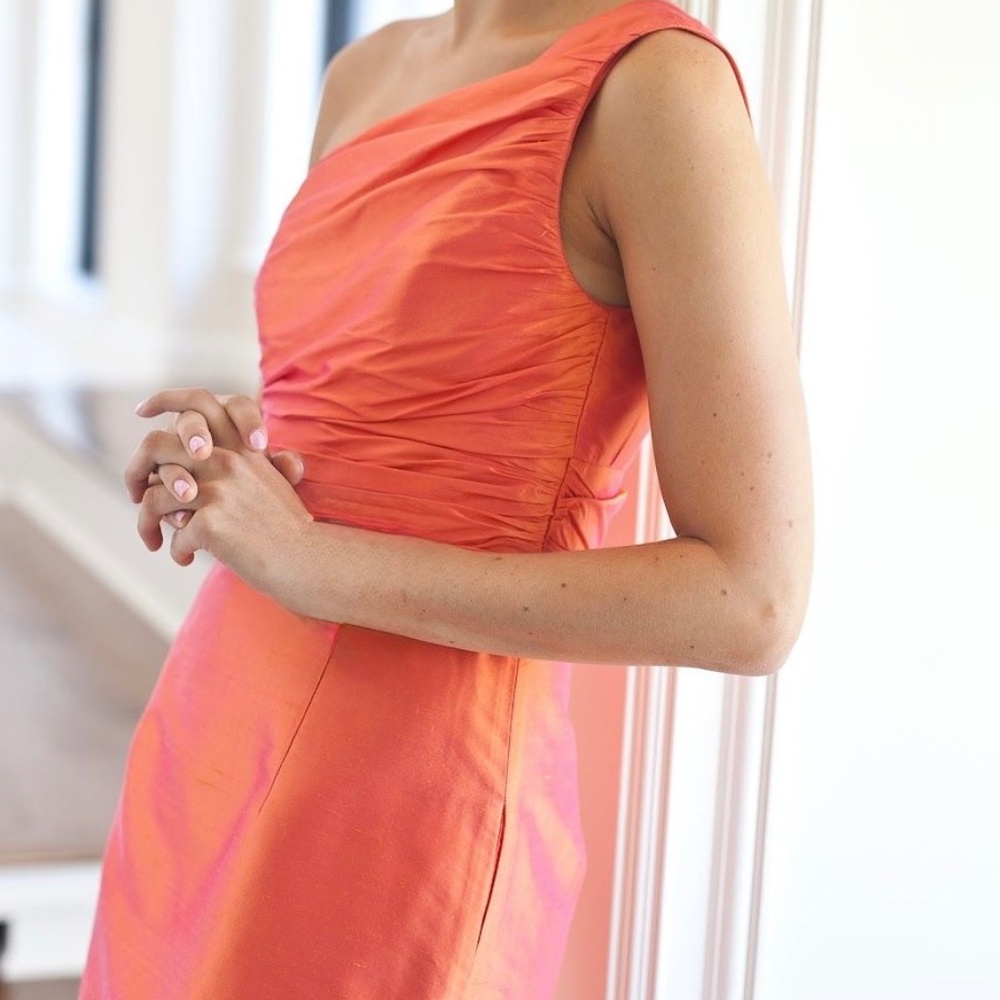 Coren Moore NY Tangerine coral One shoulder Silk Taffeta Ruched Dress Sz 8